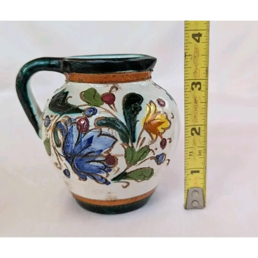 Vtg Italian Pottery Colorful Hand Painted Floral Pitcher 3.5